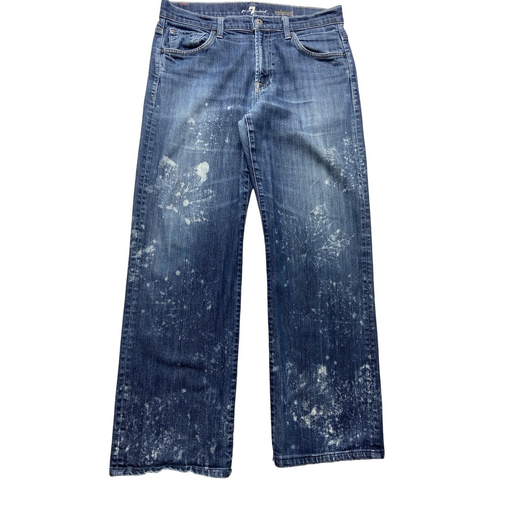 7 For All Mankind Jeans Mens 34x30 Blue Relaxed Paint Splatter Stretch Denim